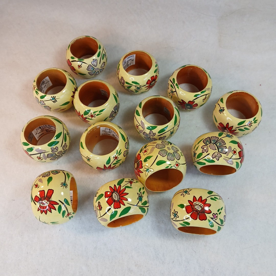 14 wood napkin ring Yellow Red Flowers hand painted Table Dressing