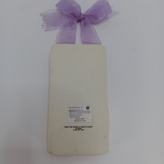 5.5" Give The World A Smile Plaque, Porcelain/Ribbon, Snowman Winter 67836 EUC