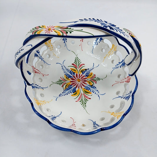 9" RCCL Portugal Hand Painted Ceramic Basket Floral Pierced Centerpiece Bowl