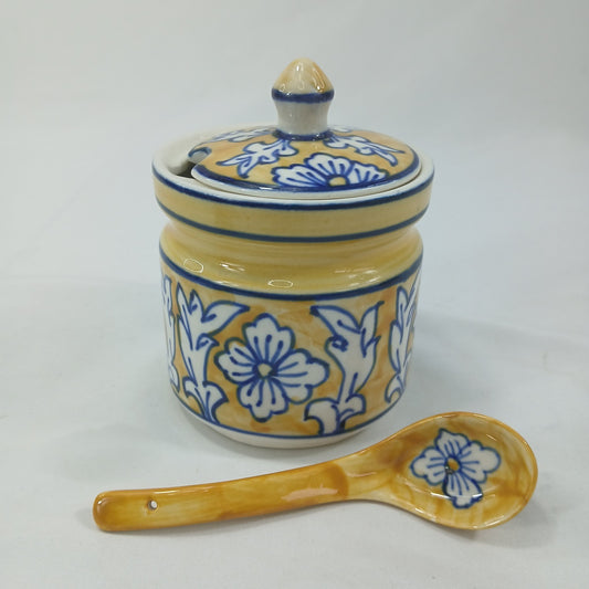 💛 Hand Painted Blue Yellow Floral Ceramic Condiment Jars & Spoons Set of 6 💛