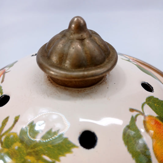 6" Vintage Enamel Fruit Print Pot with Lid & Brass Handles Retro Kitchen Decor