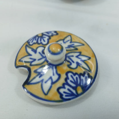 💛 Hand Painted Blue Yellow Floral Ceramic Condiment Jars & Spoons Set of 6 💛