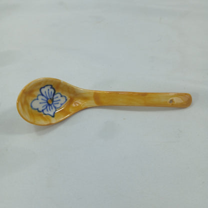 💛 Hand Painted Blue Yellow Floral Ceramic Condiment Jars & Spoons Set of 6 💛