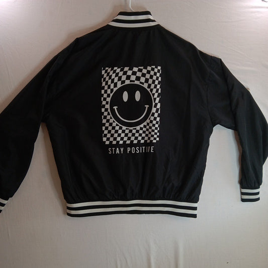 😃 Justify Women S Bomber Lightweight Jacket Satin SMILEY FACE Full Button 😃