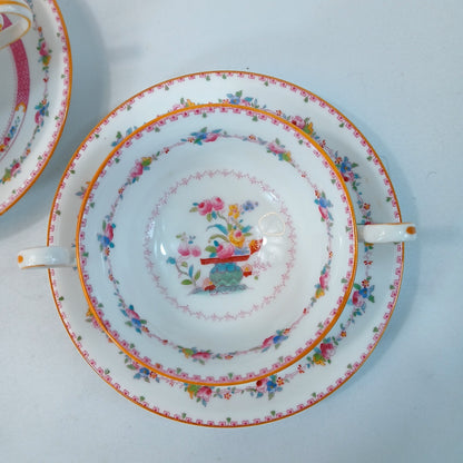Royal Cauldon England Floral Double Handle Soup Bowls with Saucers Set of 3