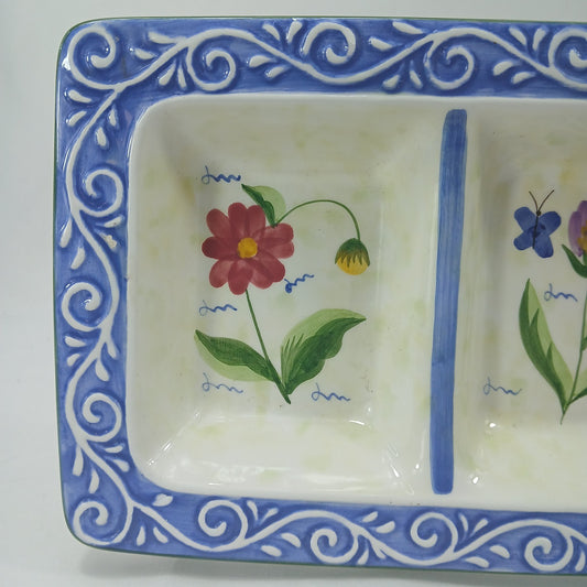 🦃 Certified International Hand Painted Floral Divided Serving Tray Blue Border