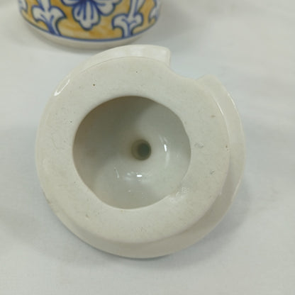 💛 Hand Painted Blue Yellow Floral Ceramic Condiment Jars & Spoons Set of 6 💛