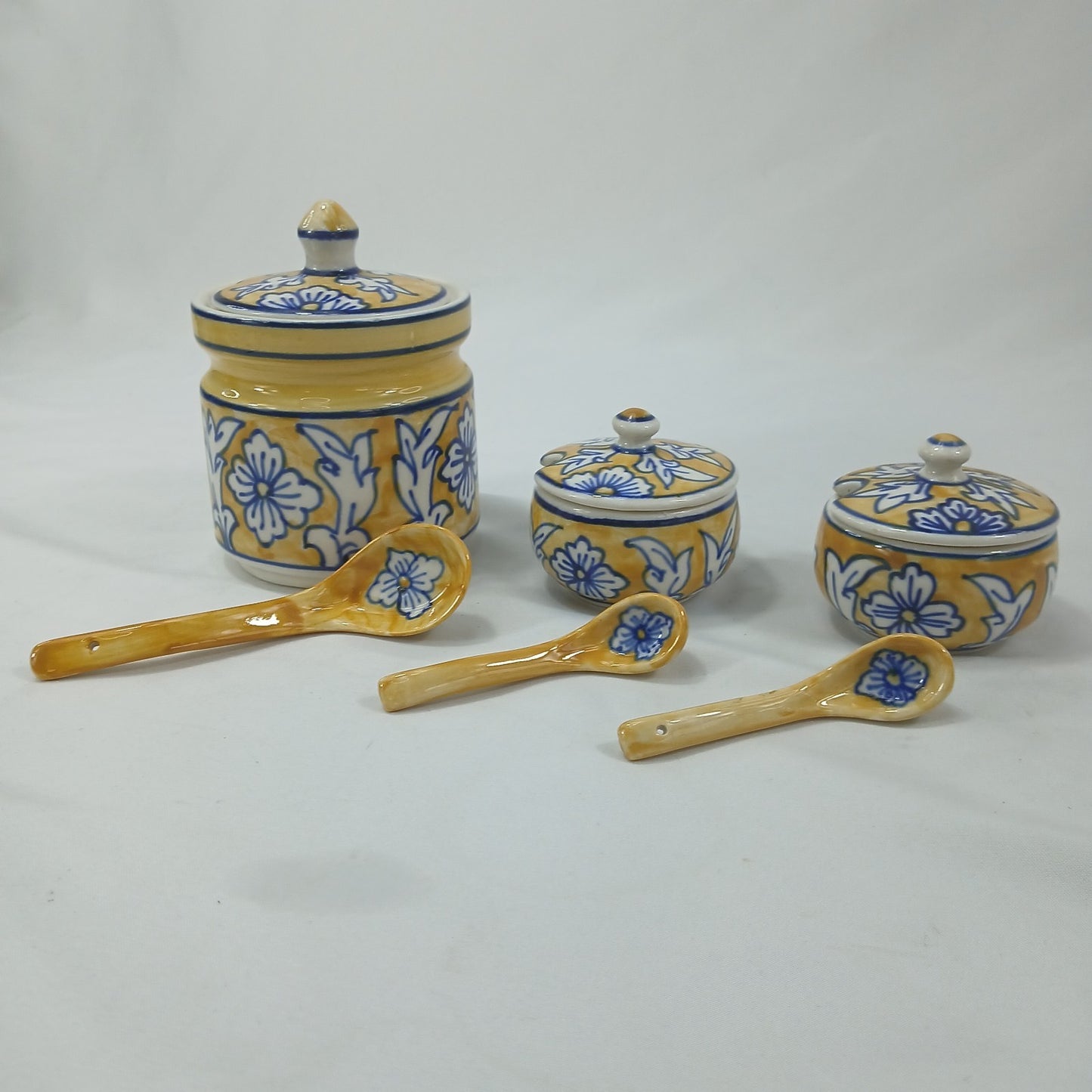 💛 Hand Painted Blue Yellow Floral Ceramic Condiment Jars & Spoons Set of 6 💛