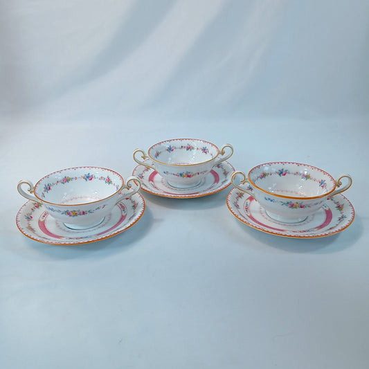 Royal Cauldon England Floral Double Handle Soup Bowls with Saucers Set of 3