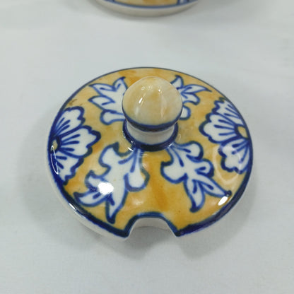 💛 Hand Painted Blue Yellow Floral Ceramic Condiment Jars & Spoons Set of 6 💛
