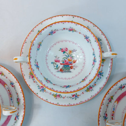 Royal Cauldon England Floral Double Handle Soup Bowls with Saucers Set of 3