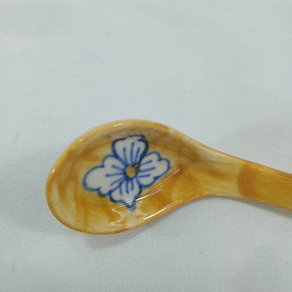 💛 Hand Painted Blue Yellow Floral Ceramic Condiment Jars & Spoons Set of 6 💛