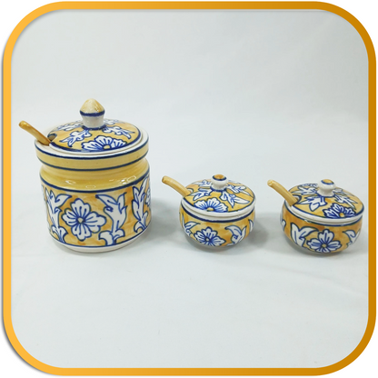 💛 Hand Painted Blue Yellow Floral Ceramic Condiment Jars & Spoons Set of 6 💛
