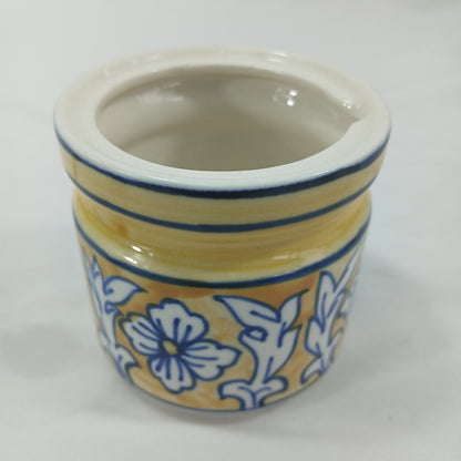 💛 Hand Painted Blue Yellow Floral Ceramic Condiment Jars & Spoons Set of 6 💛