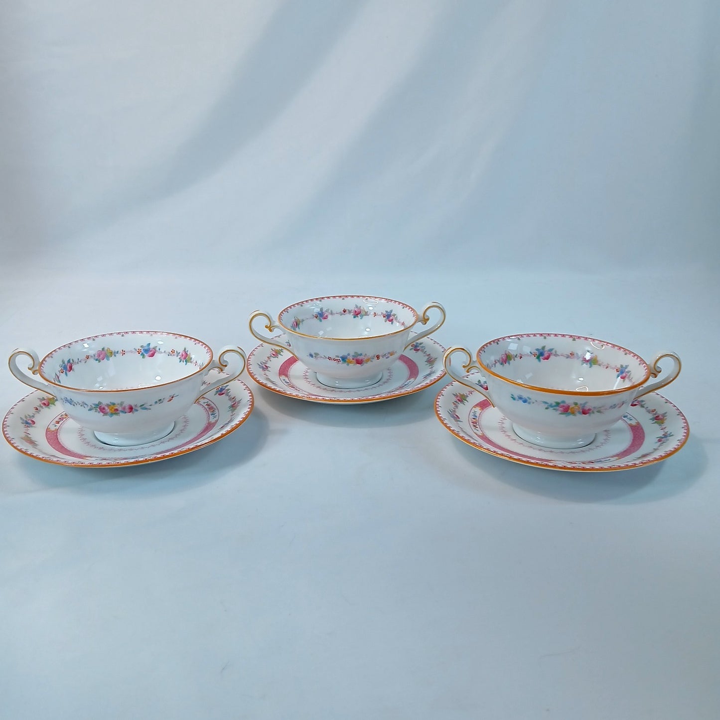 Royal Cauldon England Floral Double Handle Soup Bowls with Saucers Set of 3