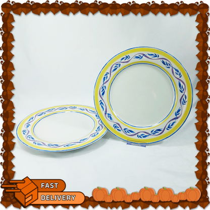 🦃Set of 2 American Atelier Paradise Stoneware Dinner Plates 10.75" Blue Yellow