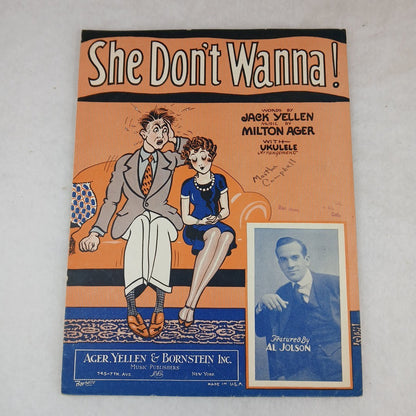 1927 ragtime sheet music SHE DON’T WANNA! by Yellen-Ager-Bornstein