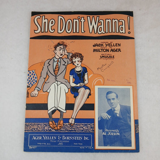 1927 ragtime sheet music SHE DON’T WANNA! by Yellen-Ager-Bornstein